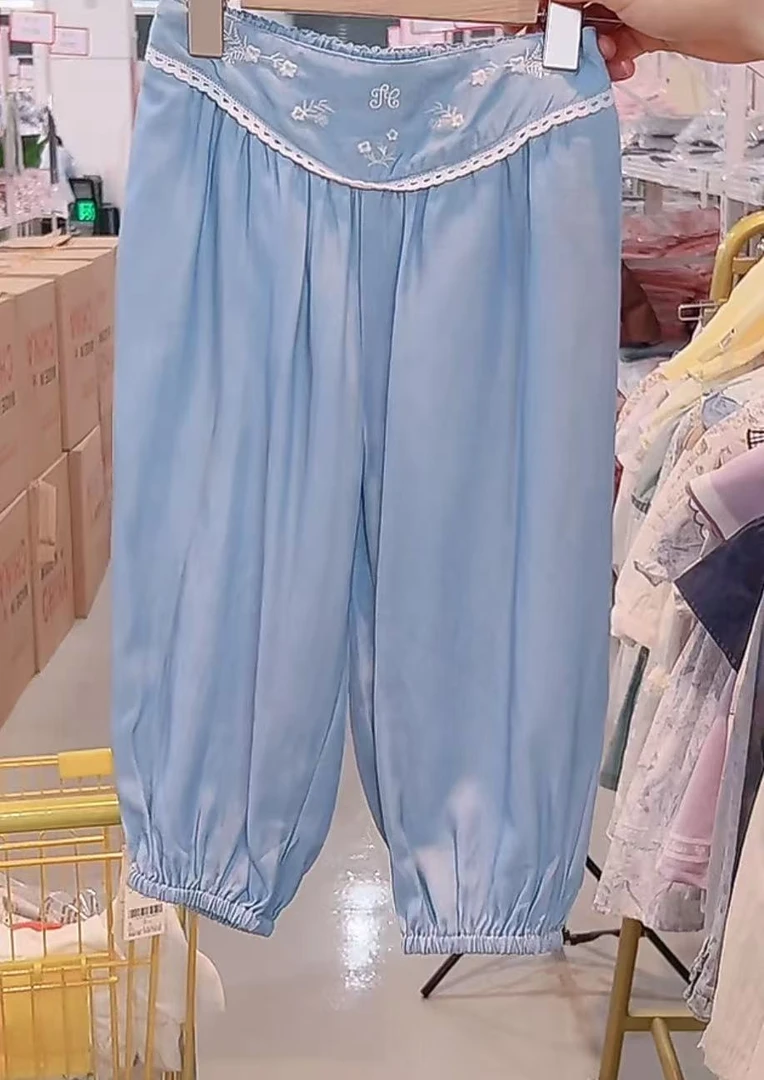1【青瓷梨梦】H25179女宝夏季国风花边刺绣百搭休闲裤九分裤