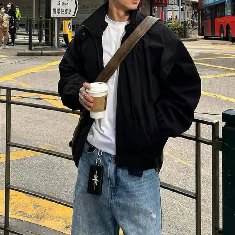 美式纯色立领夹克2025新款春秋季简约男工装百搭宽松休闲外套上衣