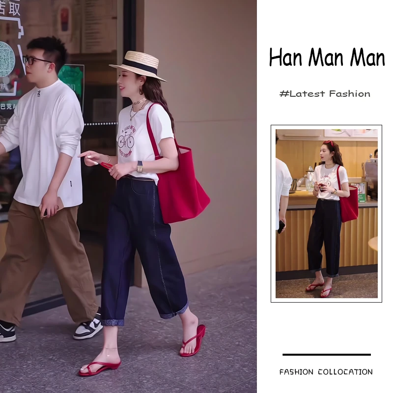 夏季流行穿搭一整套新款2025港风高级感圆领印花T恤牛仔裤两件套