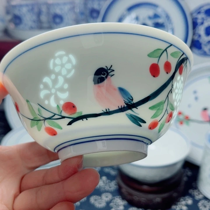 青花玲珑5寸饭碗手绘花鸟