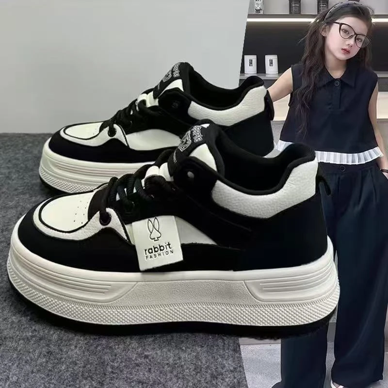 女童高帮鞋2025年秋冬新款百搭厚底熊猫黑白运动休闲板鞋