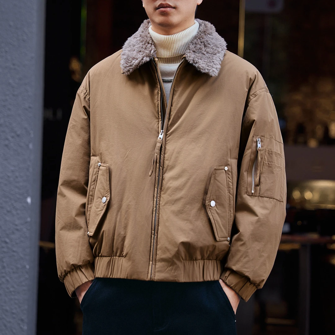 格蓝鹿【可拆卸羊毛领】加厚羊羔毛翻领羽绒服男冬季保暖工装外套