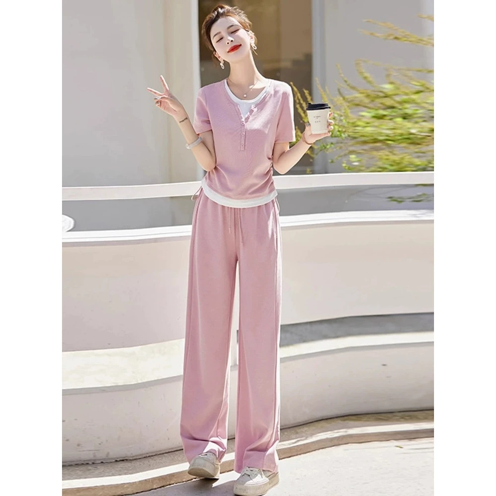 休闲运动套装女夏2025新款流行炸街显瘦减龄粉色高级感短袖睡衣女