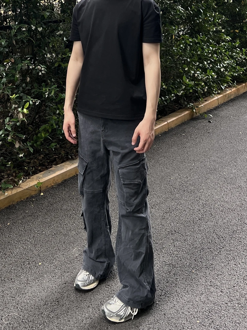 水洗做旧立体剪裁vintage宽松休闲直筒微喇阔腿多口袋工装裤