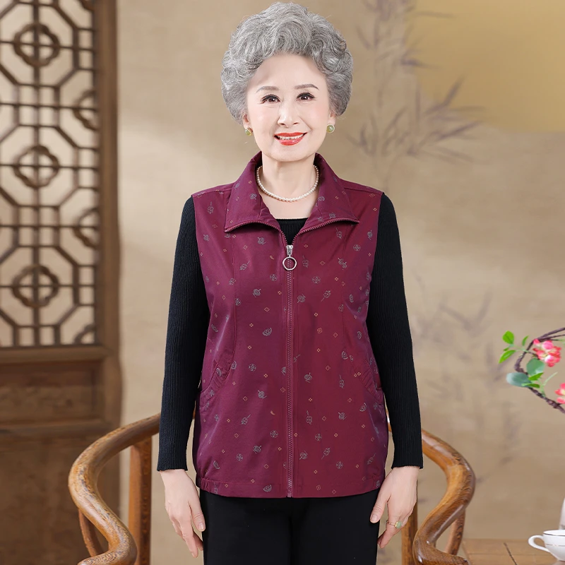 中老年女装春秋款休闲马夹大码妈妈装翻领上衣背心坎肩外穿奶奶装