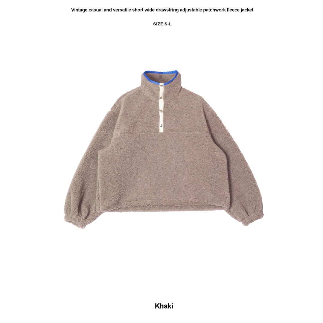 ins风韩版廓形复古辣妹冬街头短宽拼接摇粒绒女立领摇粒绒厚外套