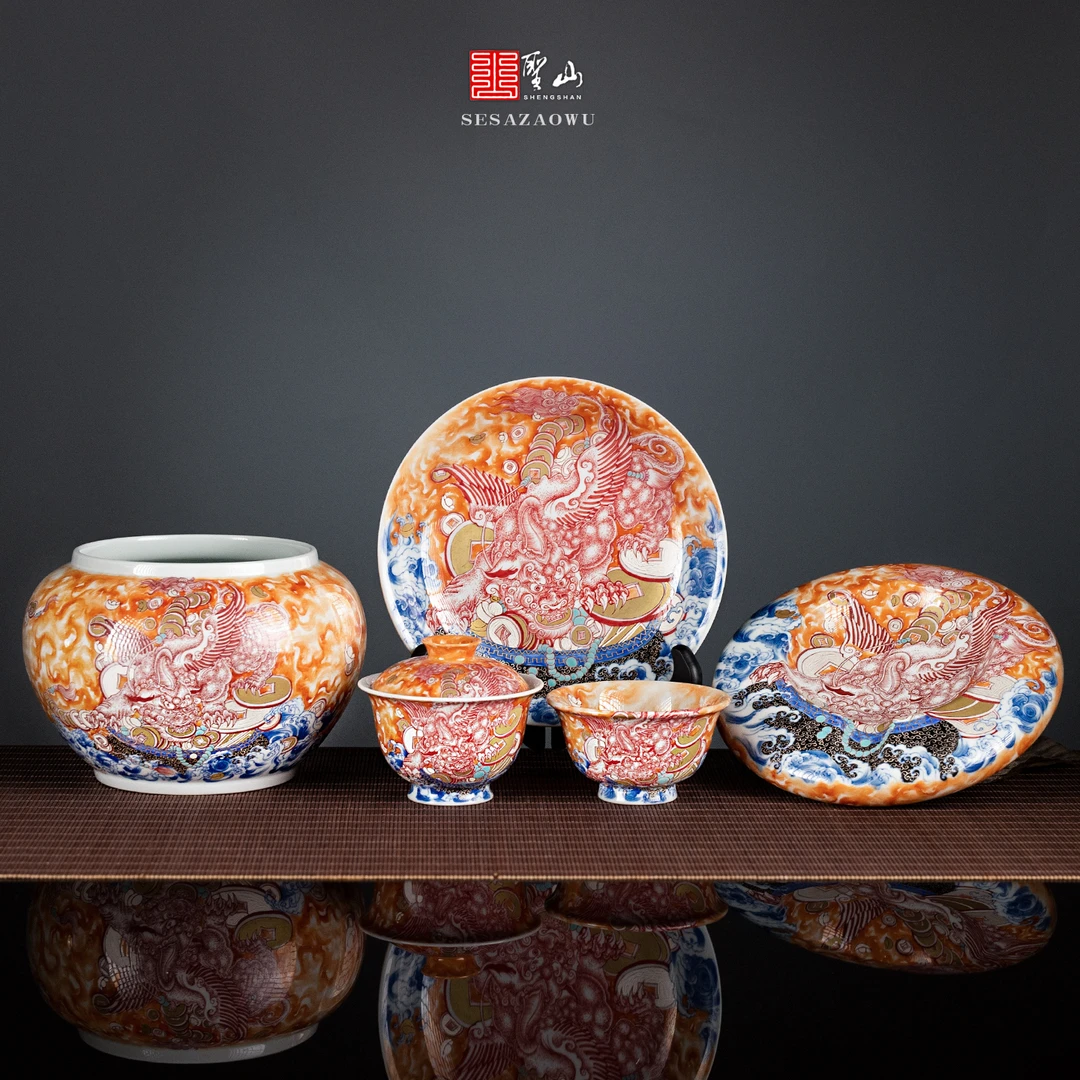 圣山青花矾红手绘釉下彩貔貅献宝陶瓷茶具盖碗景德镇手工茶具茶杯