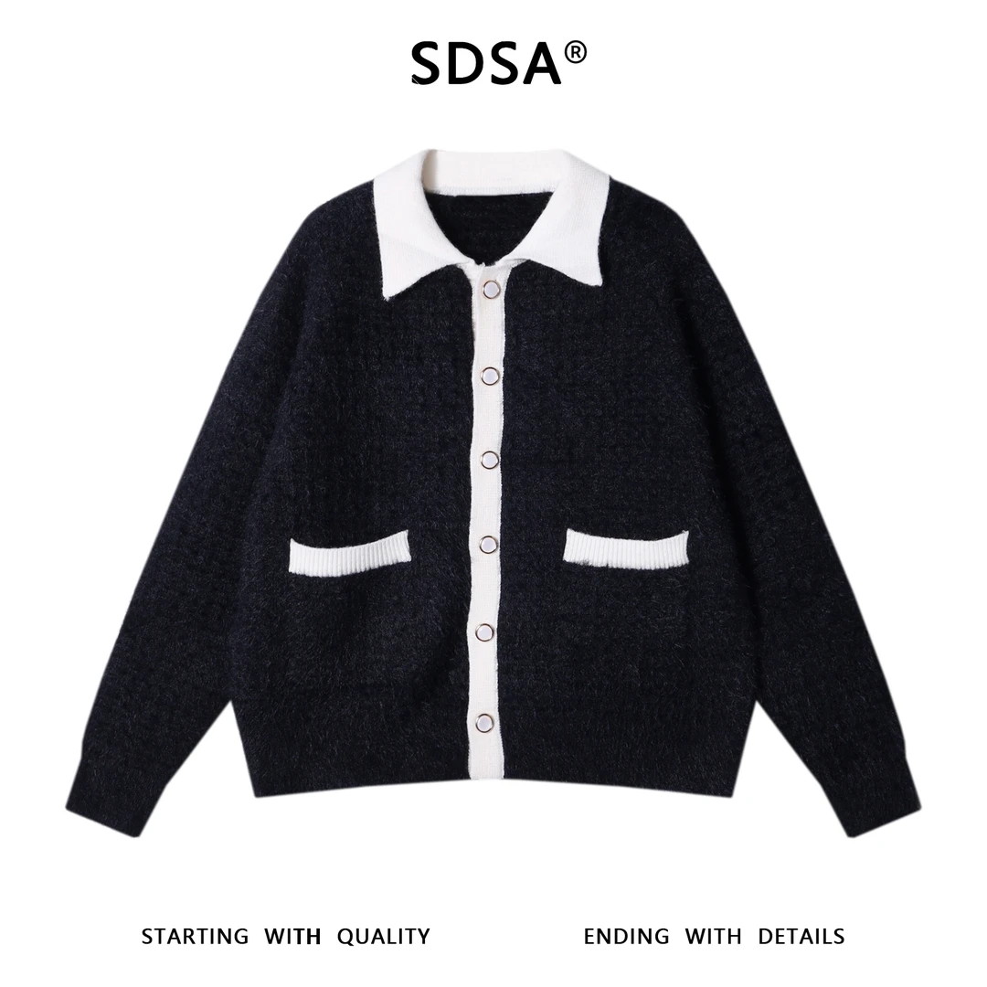 SDSA男士秋冬新款痞帅男装潮牌小香风针织衫撞色翻领毛衣百搭时尚