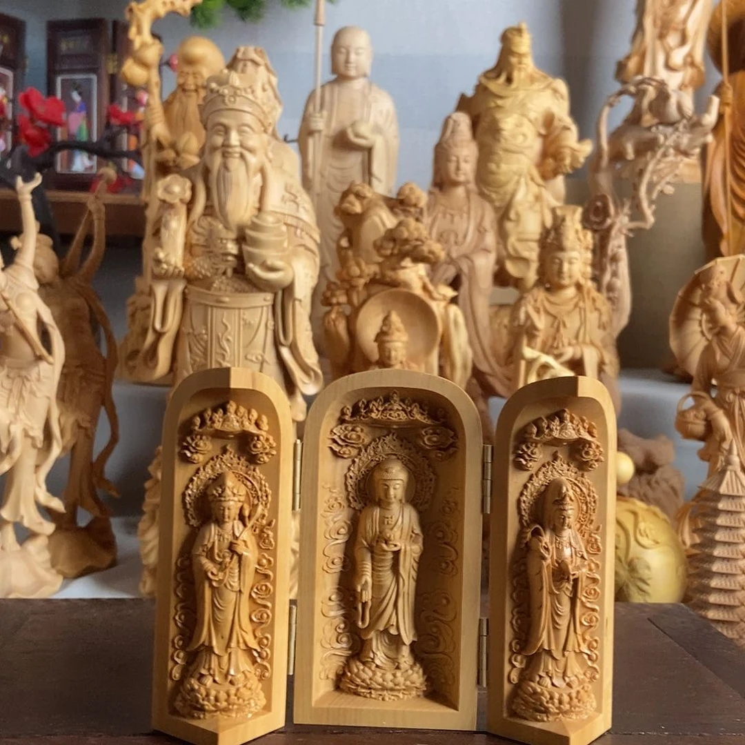 木?***?小叶黄杨木雕西方三圣三开盒