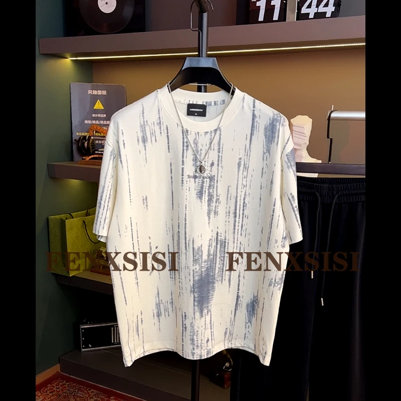 扎染重工夏季男士圆领短袖T恤宽松设计潮流百搭休闲体恤上衣半袖