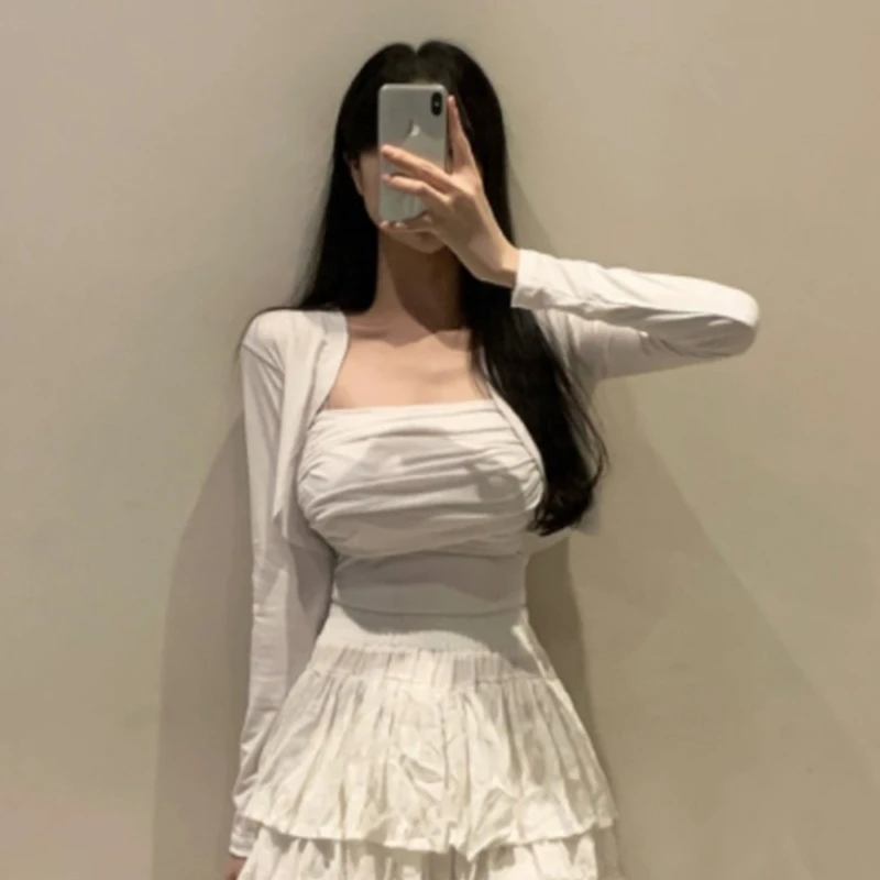 冬季韩国东大门百搭时尚套装紧身显瘦性感褶皱抹胸+开衫两件套上