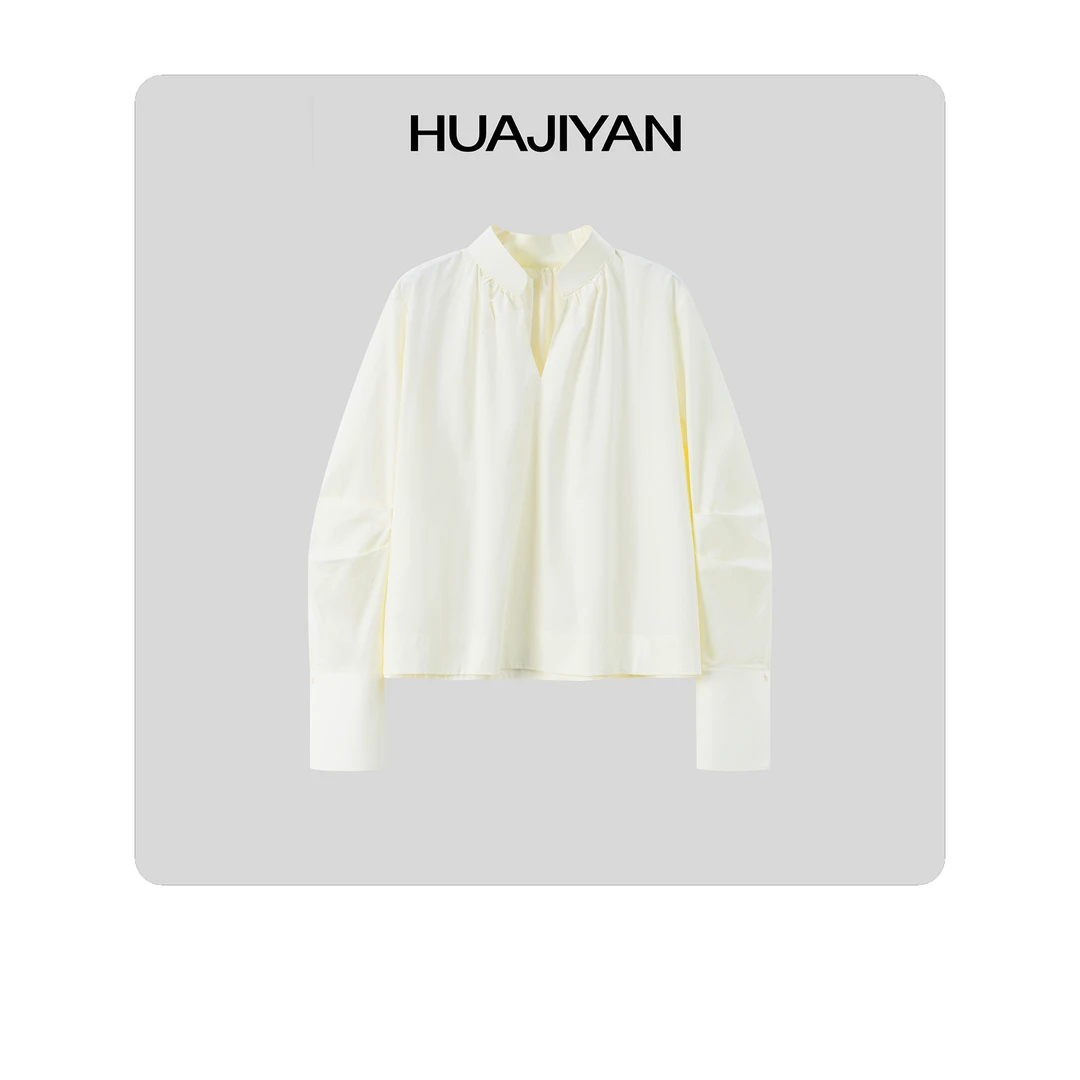 华吉言/HUAJIYAN【淡奶油】100棉新中式立领微落肩衬衫