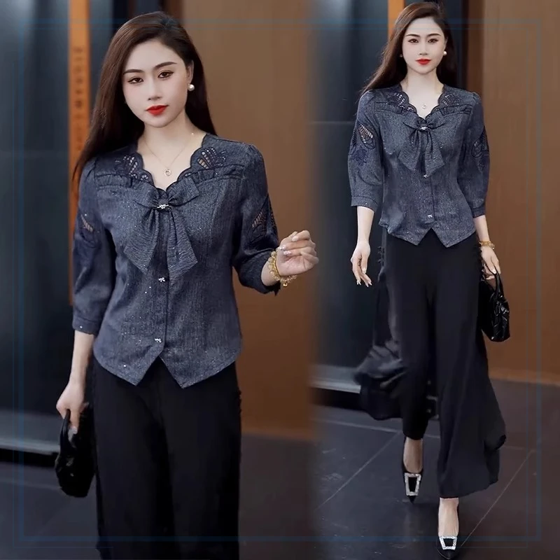 时尚V领衬衫女2025夏季新款洋气显瘦百搭减龄小个子蝴蝶结上衣潮