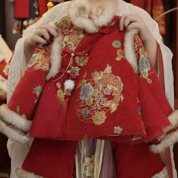 女童套装家新年服加绒儿童冬2024新款加厚中国风喜庆拜年服
