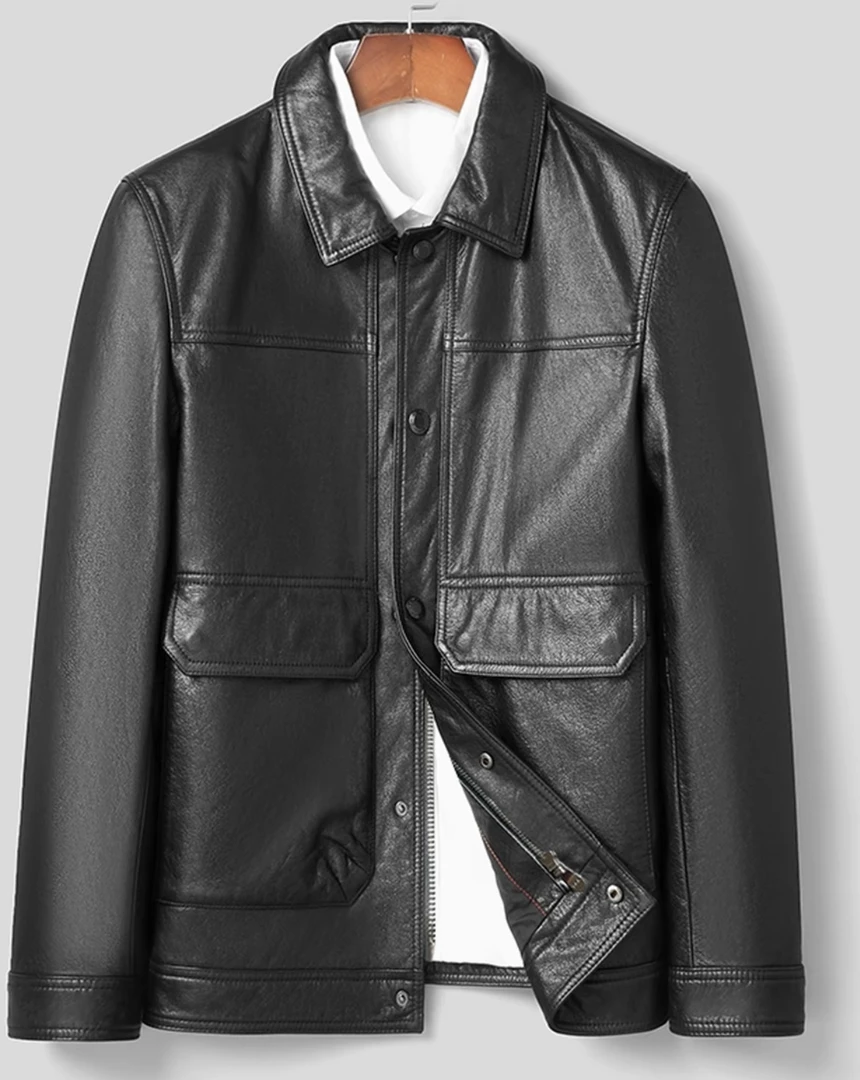 海宁真皮头层小牛皮翻领皮衣爸爸秋季休闲短款春秋夹克款男士时尚