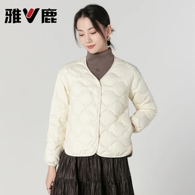 V/雅鹿 羽绒内胆女修身轻薄保暖白鸭绒低V领长袖打底内穿羽绒服女