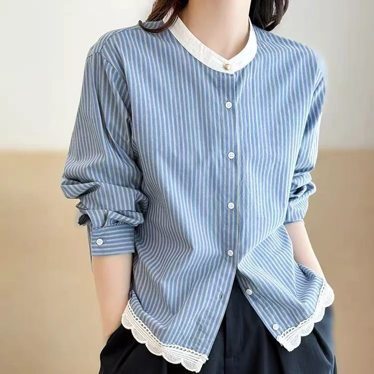 复古蕾丝花边拼接条纹衬衫女2025秋季温柔风蓝色长袖衬衣小衫8812