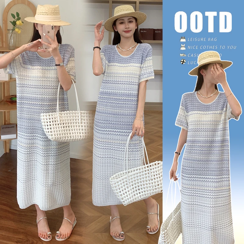 减龄时尚孕妇装夏季新款爆款设计感渐变波浪条纹高级感孕妇连衣裙