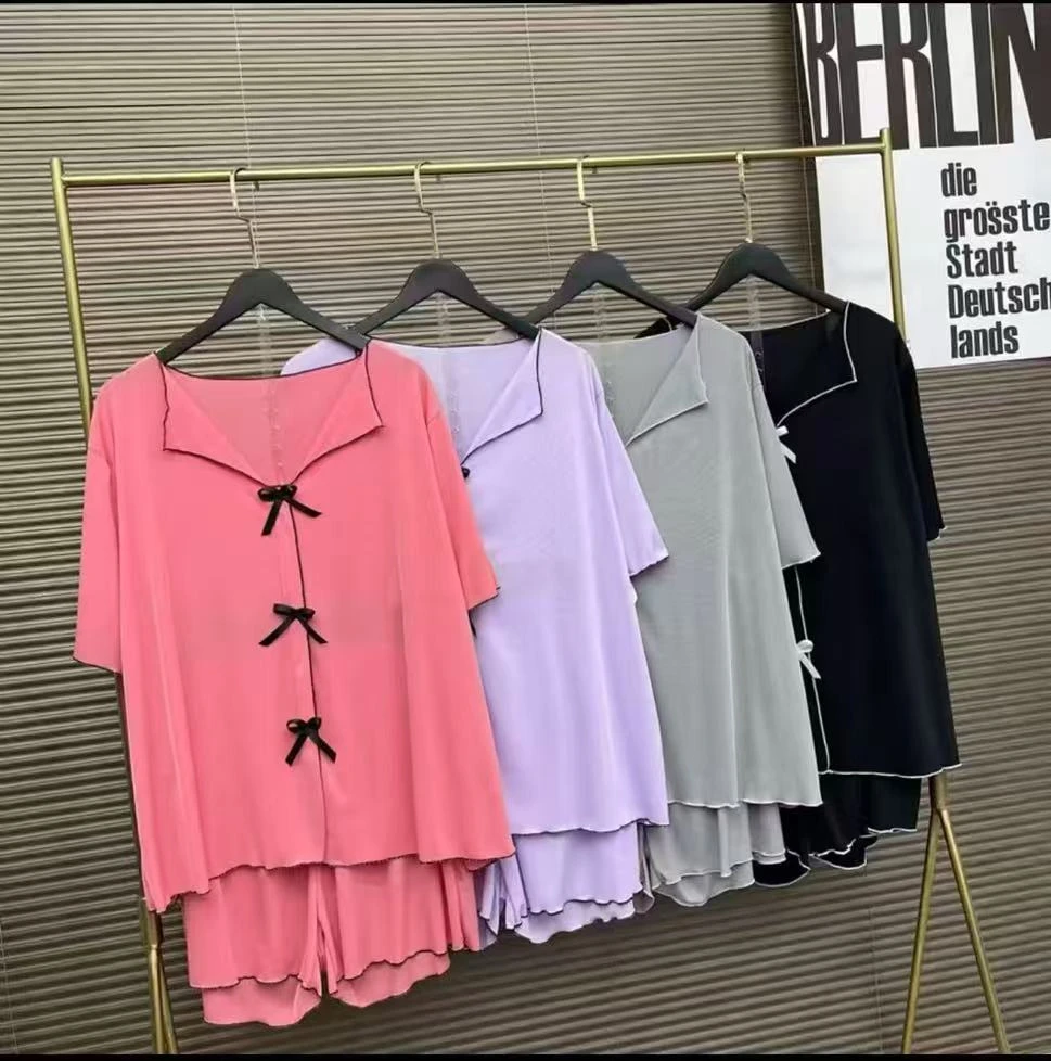 大码女装260斤时尚冰丝面膜弹力螺纹睡衣家居服两件套大码睡衣