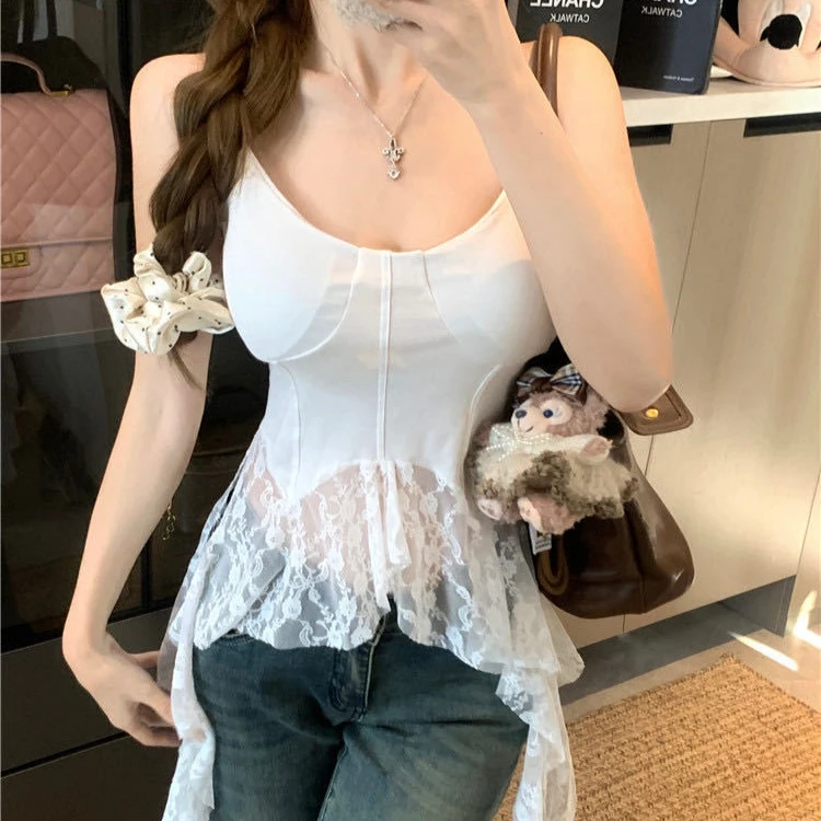 纯欲甜美蕾丝吊带裙美背上衣叠穿神器白色带胸垫性感小内搭