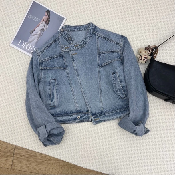 ［巧巧定制］新款韩版百搭修身时尚复古设计感港风立领牛仔外套6113