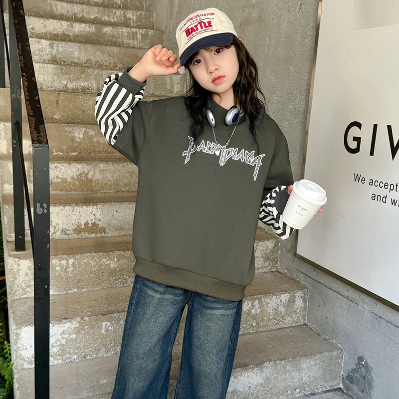 女童长袖假两件卫衣2025秋季新款中大童韩版时髦韩版女童纯色卫衣