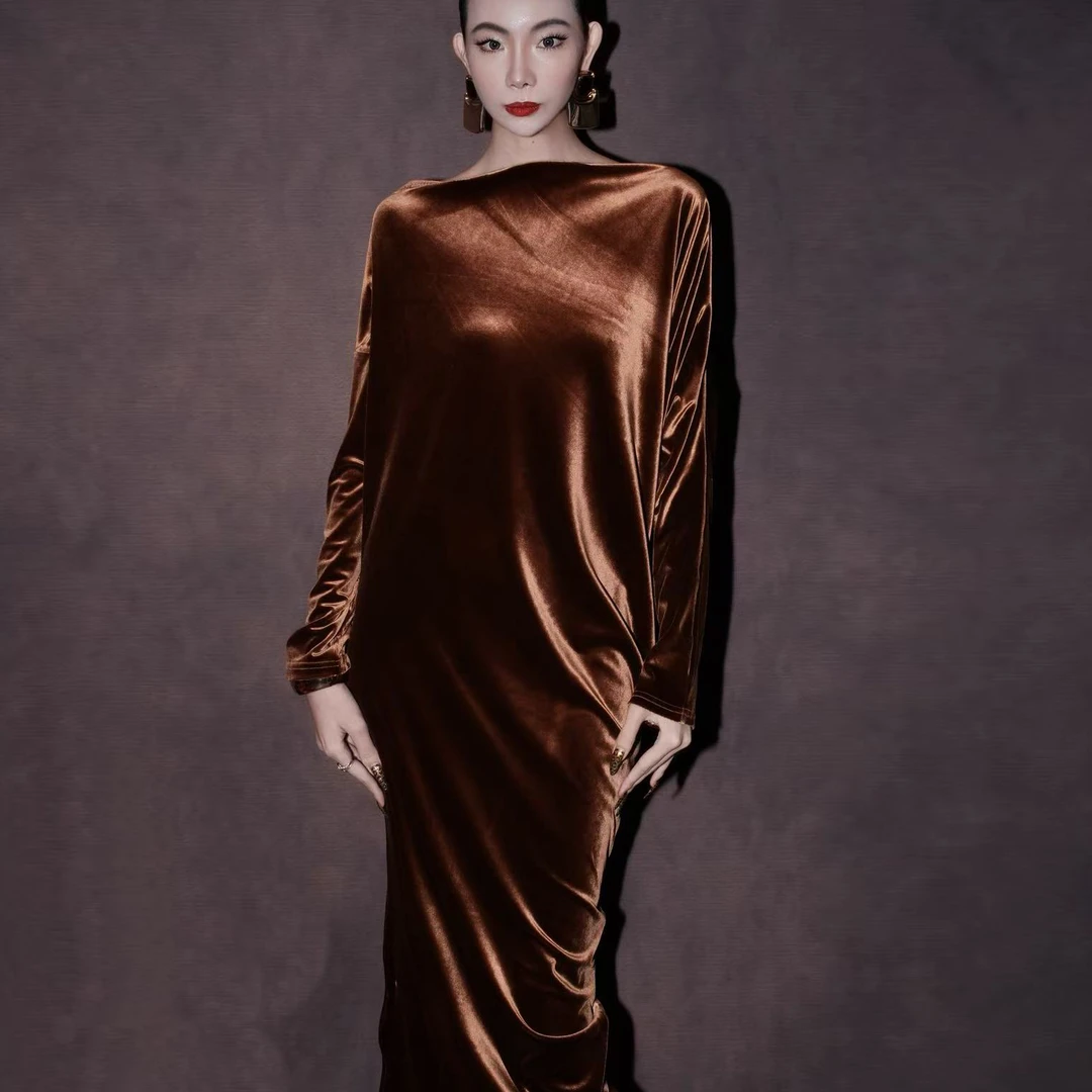 【Lady Mao专属】设计师款斜肩光泽感丝绒高级礼服裙长款连衣裙