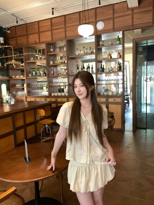 路人仙子自制【黄油可可】法式拼接系带短袖衬衫女宽松套装JX083