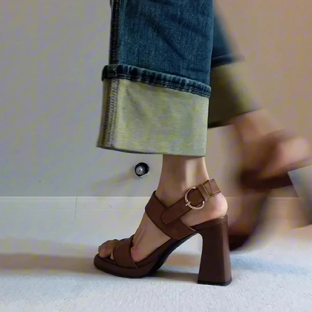 DR首席设计师羊皮版~复古棕色一字带方头高跟鞋女厚底防水台真皮