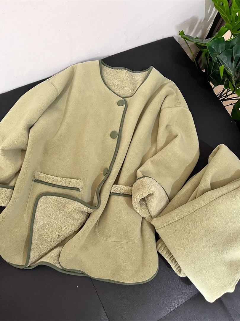 简约小香风抹茶绿珊瑚绒睡衣女加绒加厚2025年冬款法兰绒家居套装