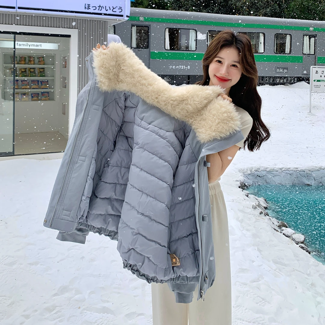 蓝色高级派克羽绒服外套女2025冬季新款韩系甜酷减龄翻领加厚夹克