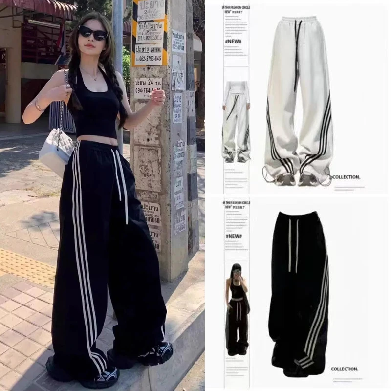 美式春秋款慵懒风休闲三条杠运动卫裤设计感直筒女销售阔腿长裤