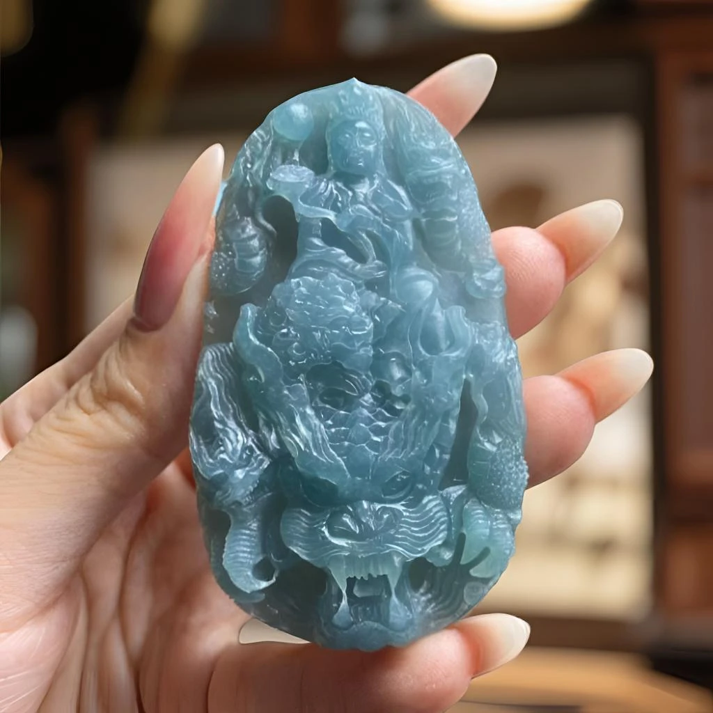 翡翠九龙文殊 属兔守护 毛货买断 尺寸69*40*9.2mm