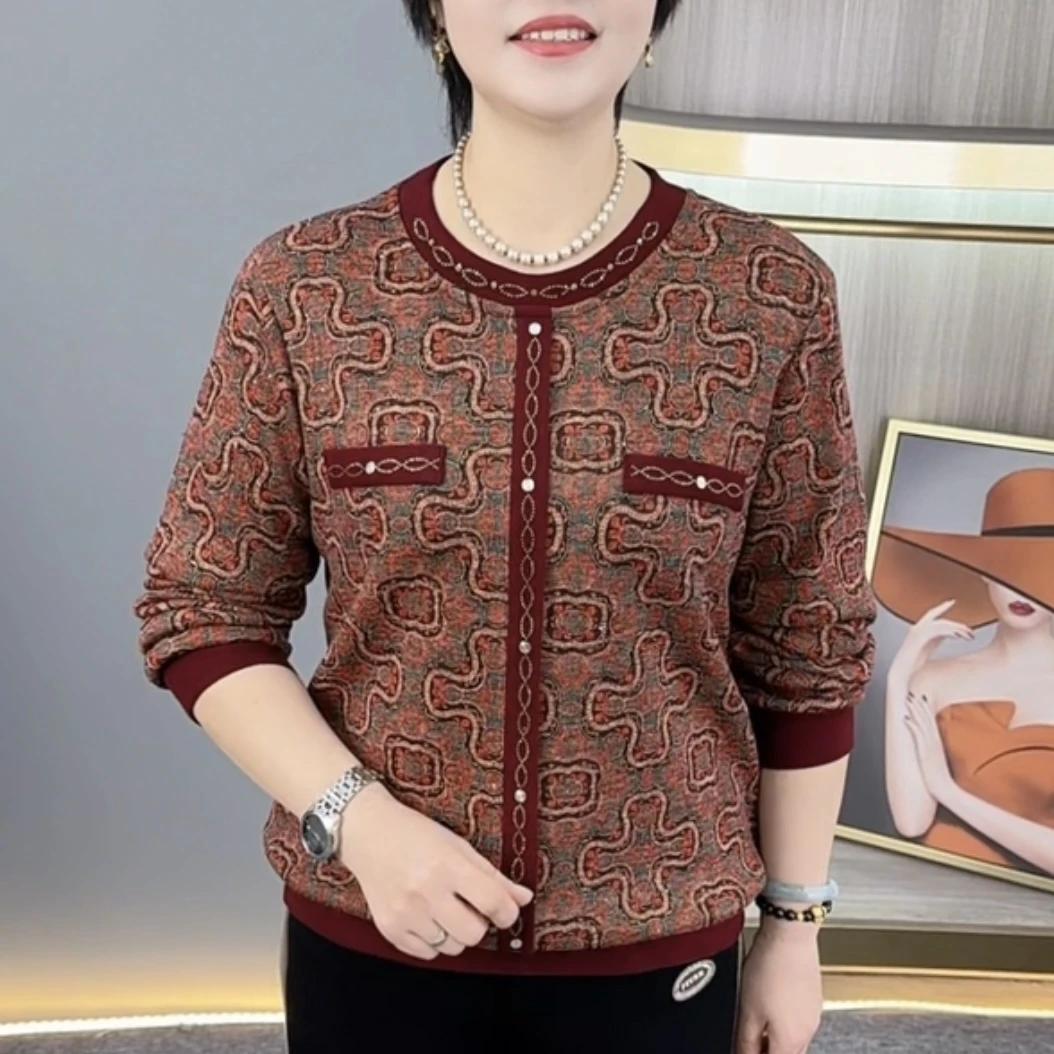 秋冬新款精致烫钻圆领中老年妈妈装显瘦休闲百搭长袖上衣H9996