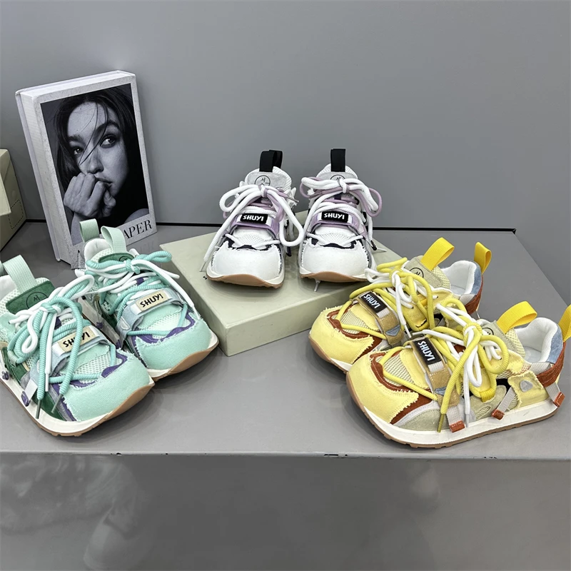 女鞋时尚休闲夏季低帮厚底单网白绿拼色拼接高定新款舒适潮流潮鞋