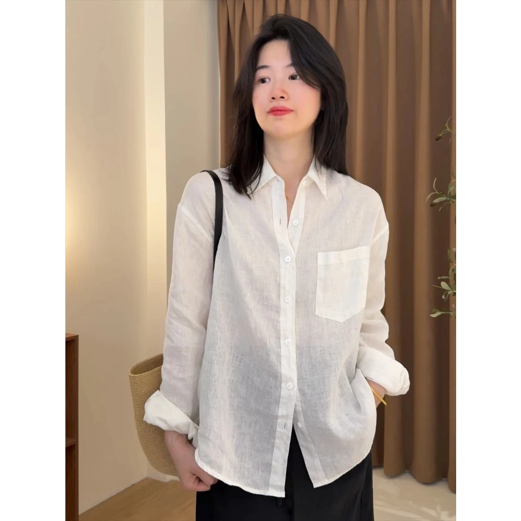 行走的空调夏季薄款100亚麻新款韩版宽松白色衬衫夏天防晒衬衣