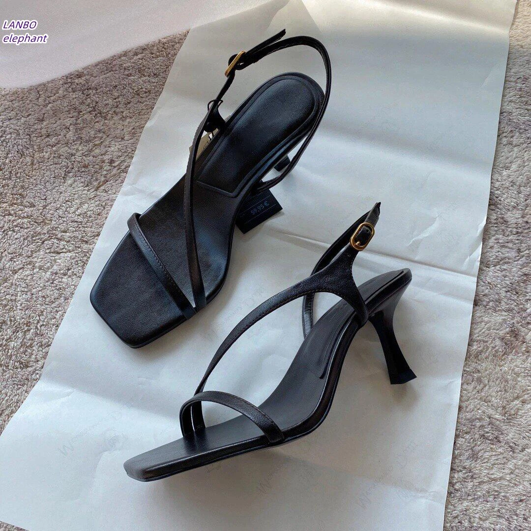 羊皮版~法式高跟鞋女细跟不累脚2025春夏名媛真皮方头一字带凉鞋