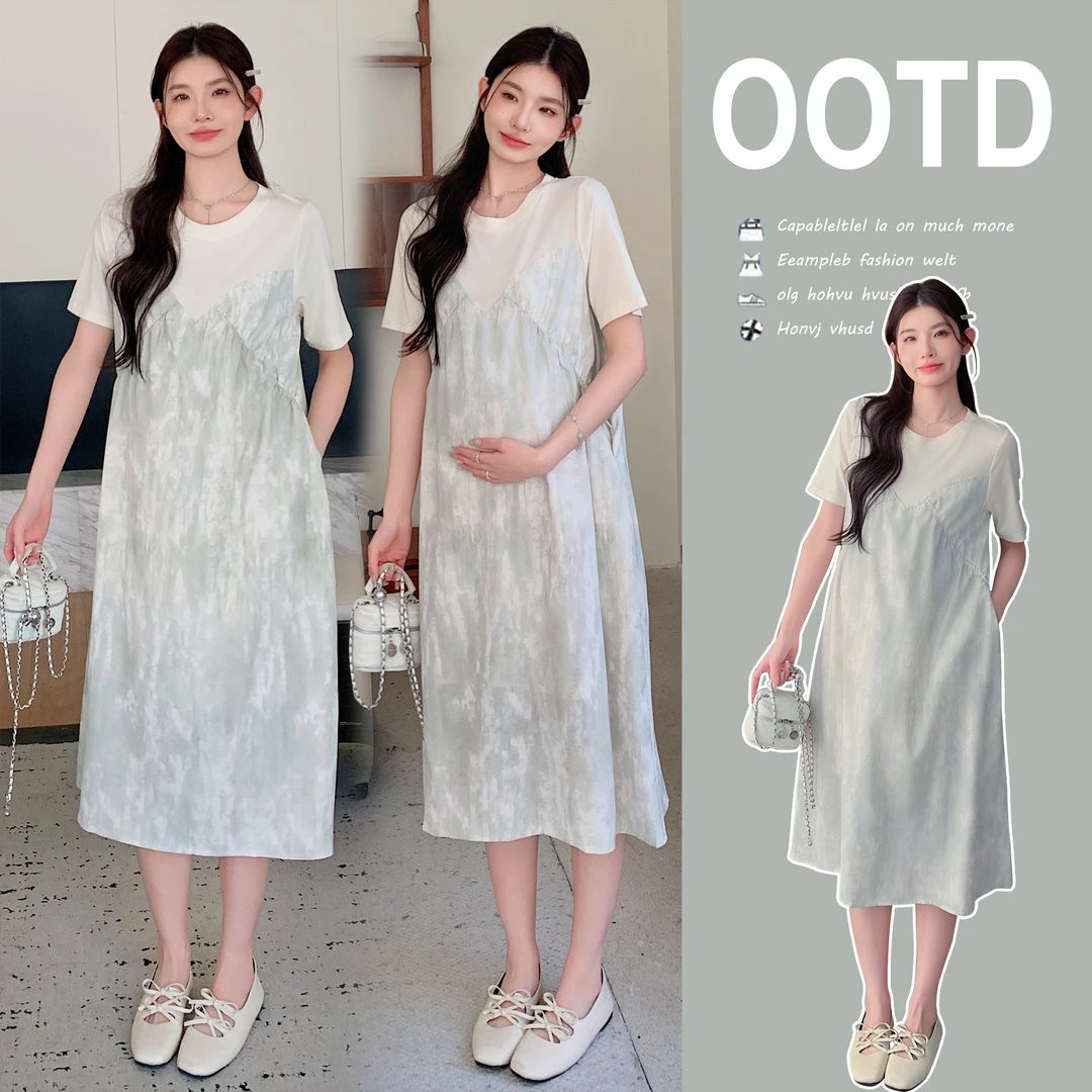 2025夏孕妇装时尚短袖拼接撞色宽松显瘦中长裙