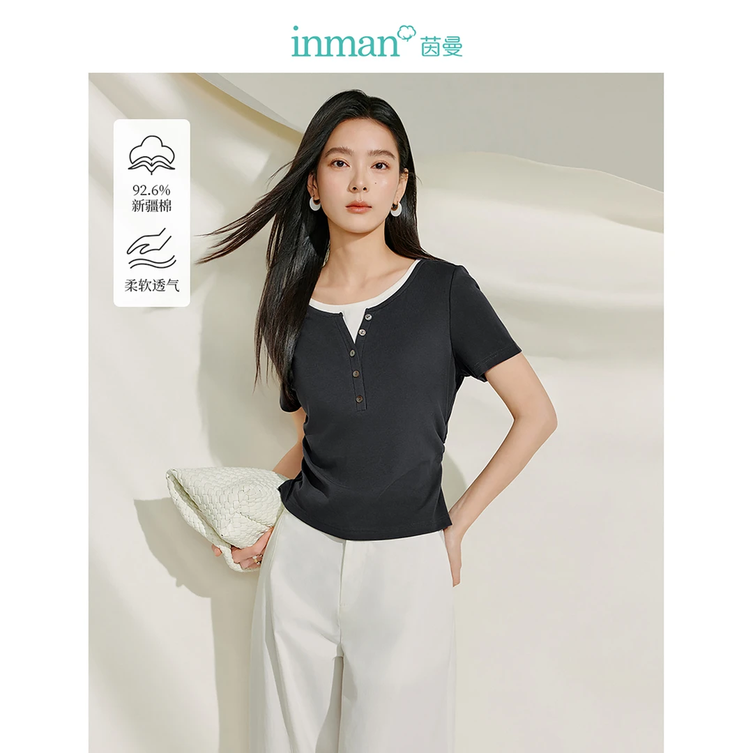 茵曼设计感假两件T恤2025夏季女装新款拼接正肩修身显瘦短袖上衣