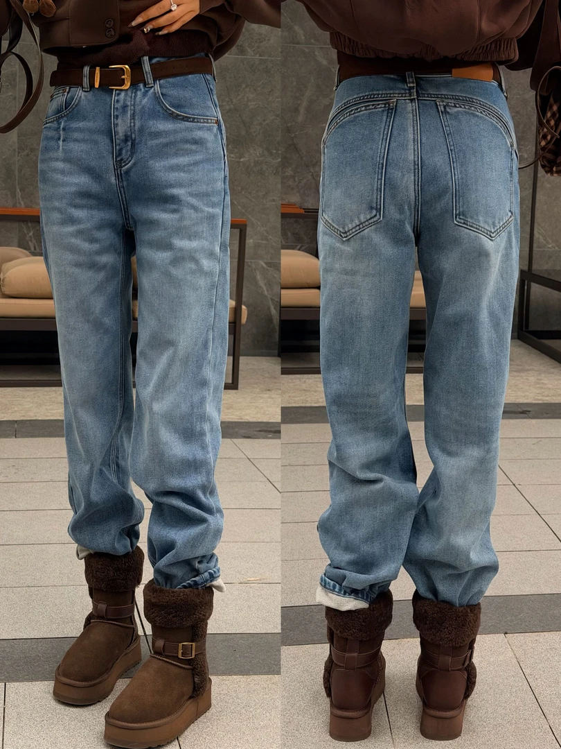 KZ39【依美丁】百搭素版翻皮腰带加绒牛仔直筒裤