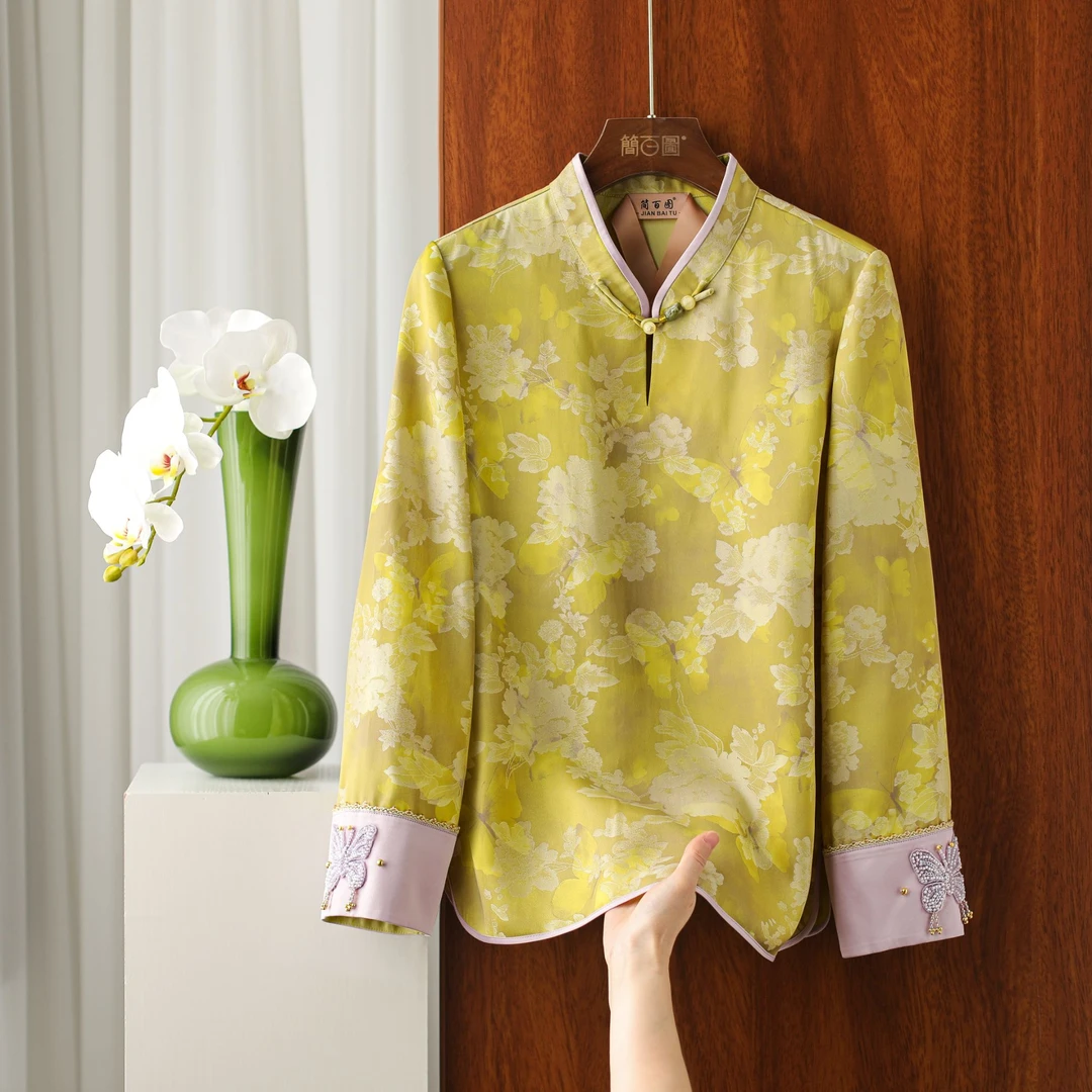 2025新款新中式小立领重工特调黄色显瘦遮肉百搭提花缎面衬衫