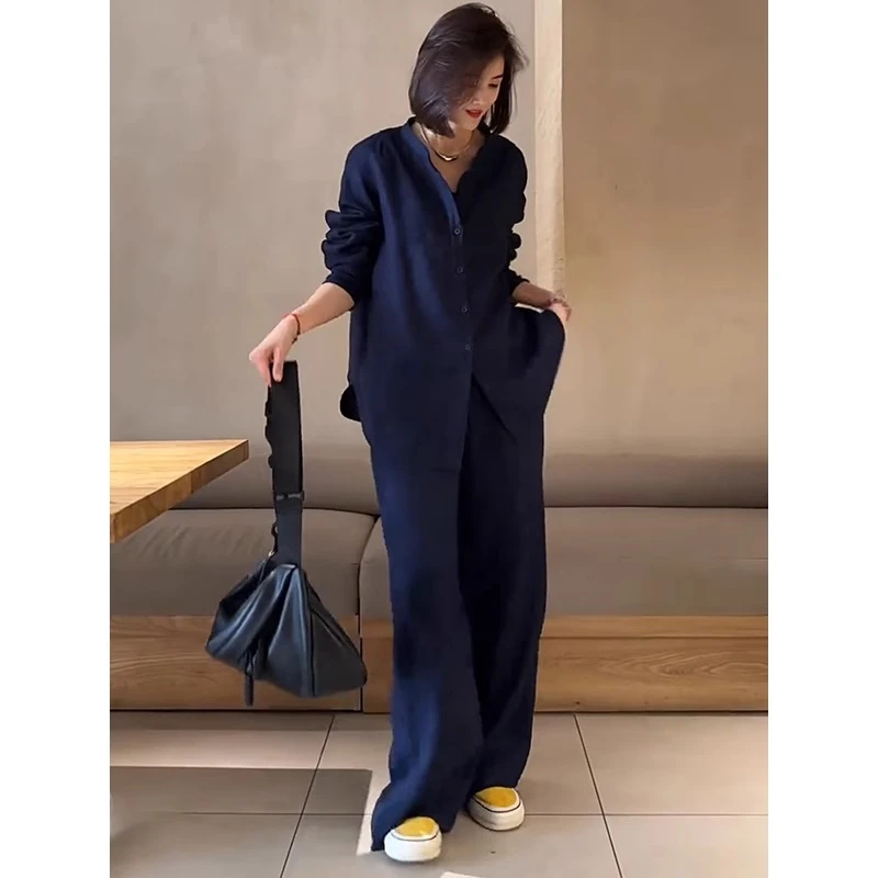 夏季新款套装慵懒风韩系简约百搭宽松翻领衬衫阔腿裤设计感两件套