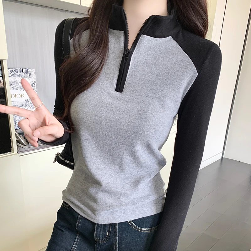 美式半拉链立领插肩袖长袖t恤女秋冬双面德绒打底衫上衣