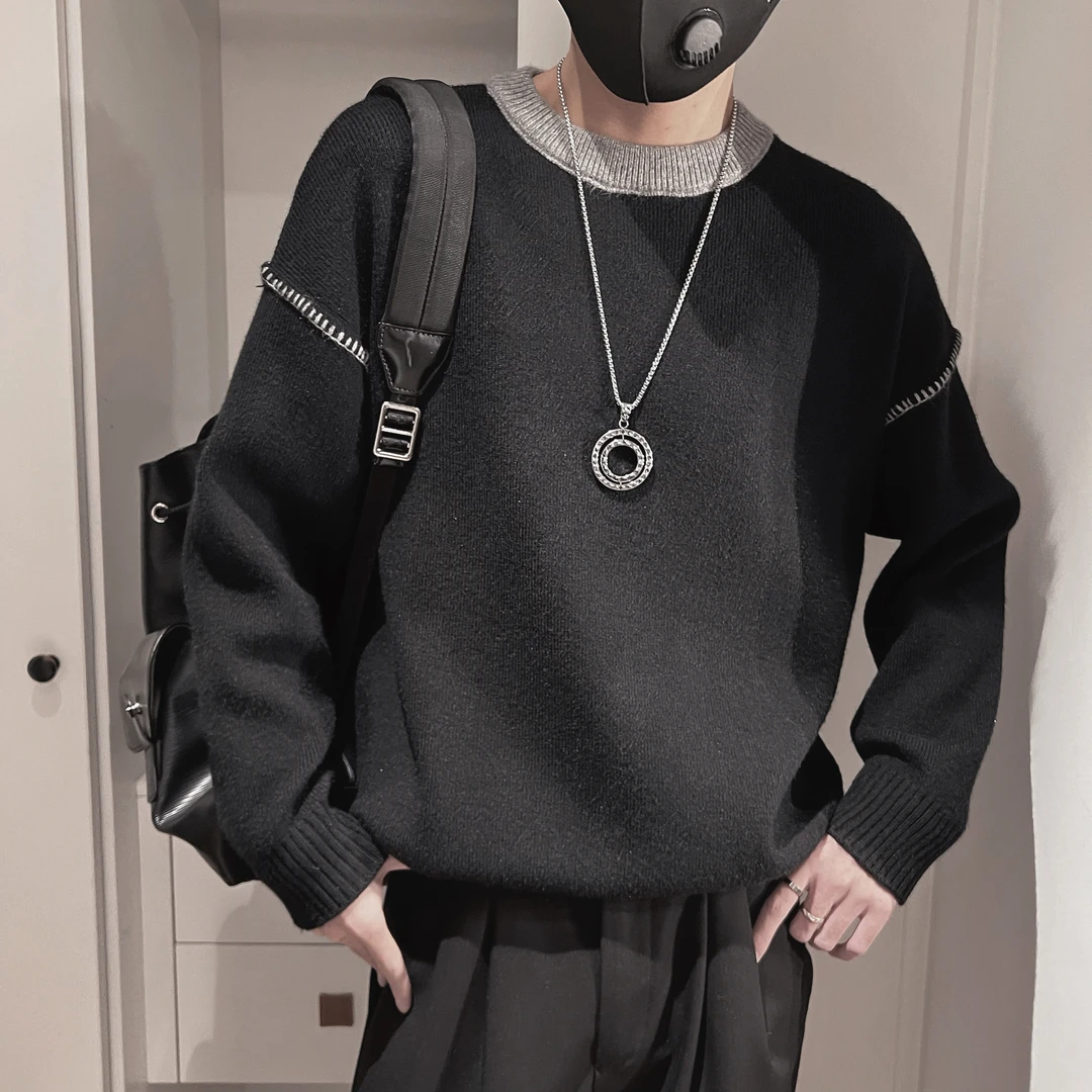 撞色明线圆领毛衣男款冬季长袖打底衫高级感重磅简约针织外套内搭