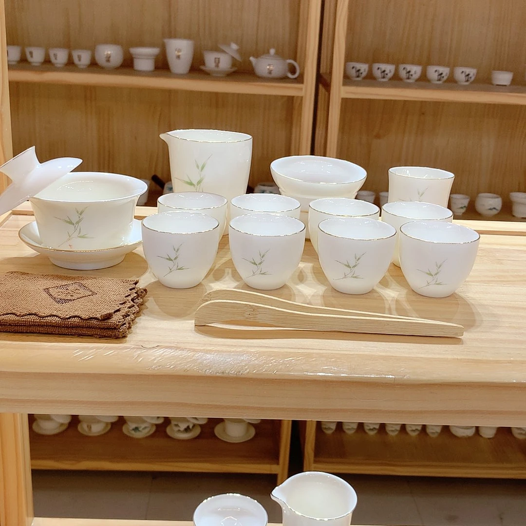 羊脂玉瓷竹报平安15件套功夫茶具