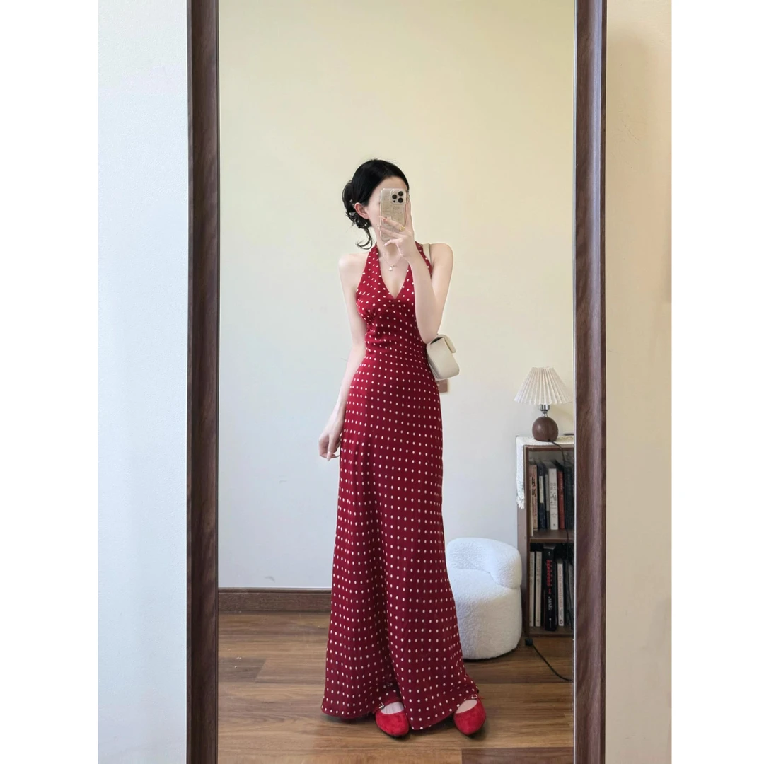 【张欣儿严选】法式气质红色波点印花挂脖连衣裙女夏季收腰显瘦长裙