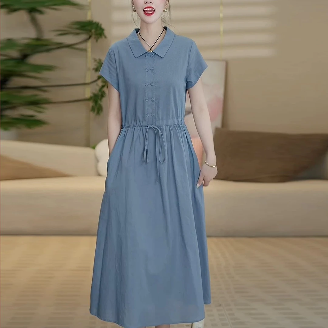 H夏季新款高级休闲棉麻中长款连衣裙女气质纯色收腰显瘦裙子2682