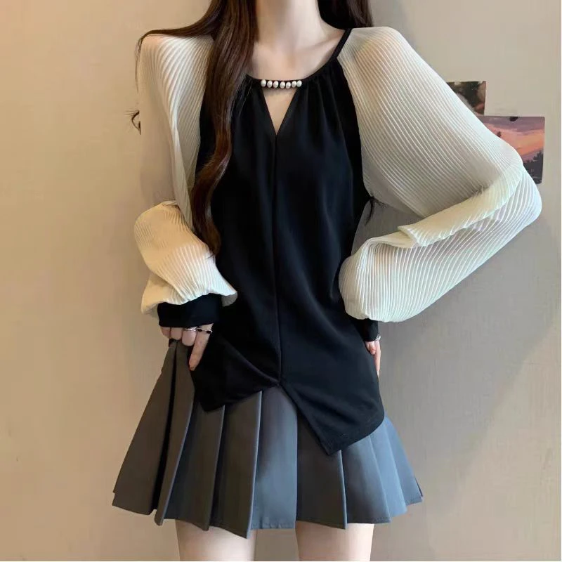 高级感轻奢法式钉珠V领长袖衬衫2025秋季插肩袖上衣