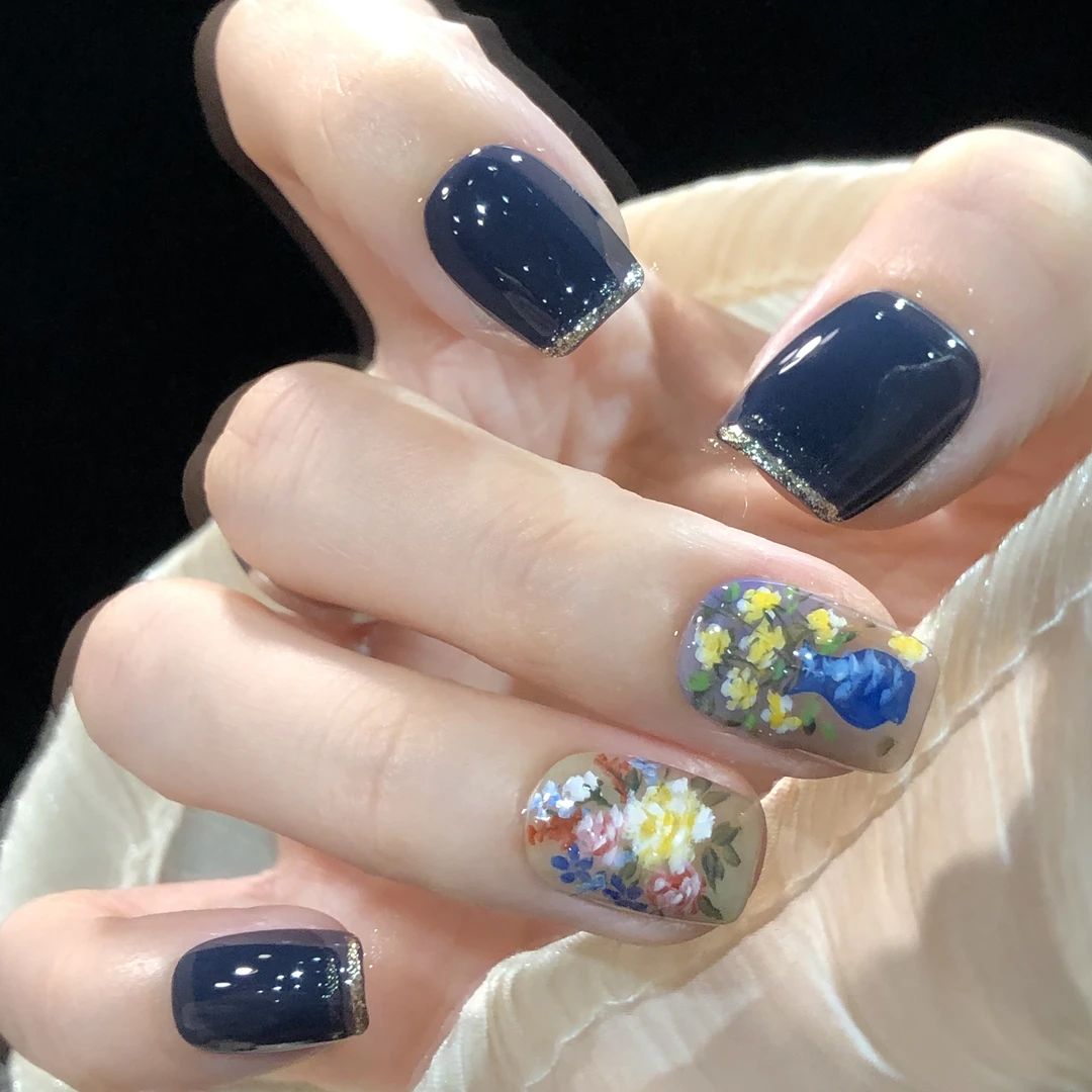 喵公子【幽蓝花瓷】【水彩手绘设计师款】纯手工穿戴甲可拆美甲光疗