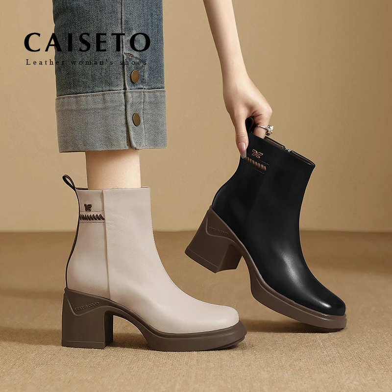 头层羊皮4.5cm粗跟方头白色秋冬新款短筒靴真皮短靴马丁靴5X092